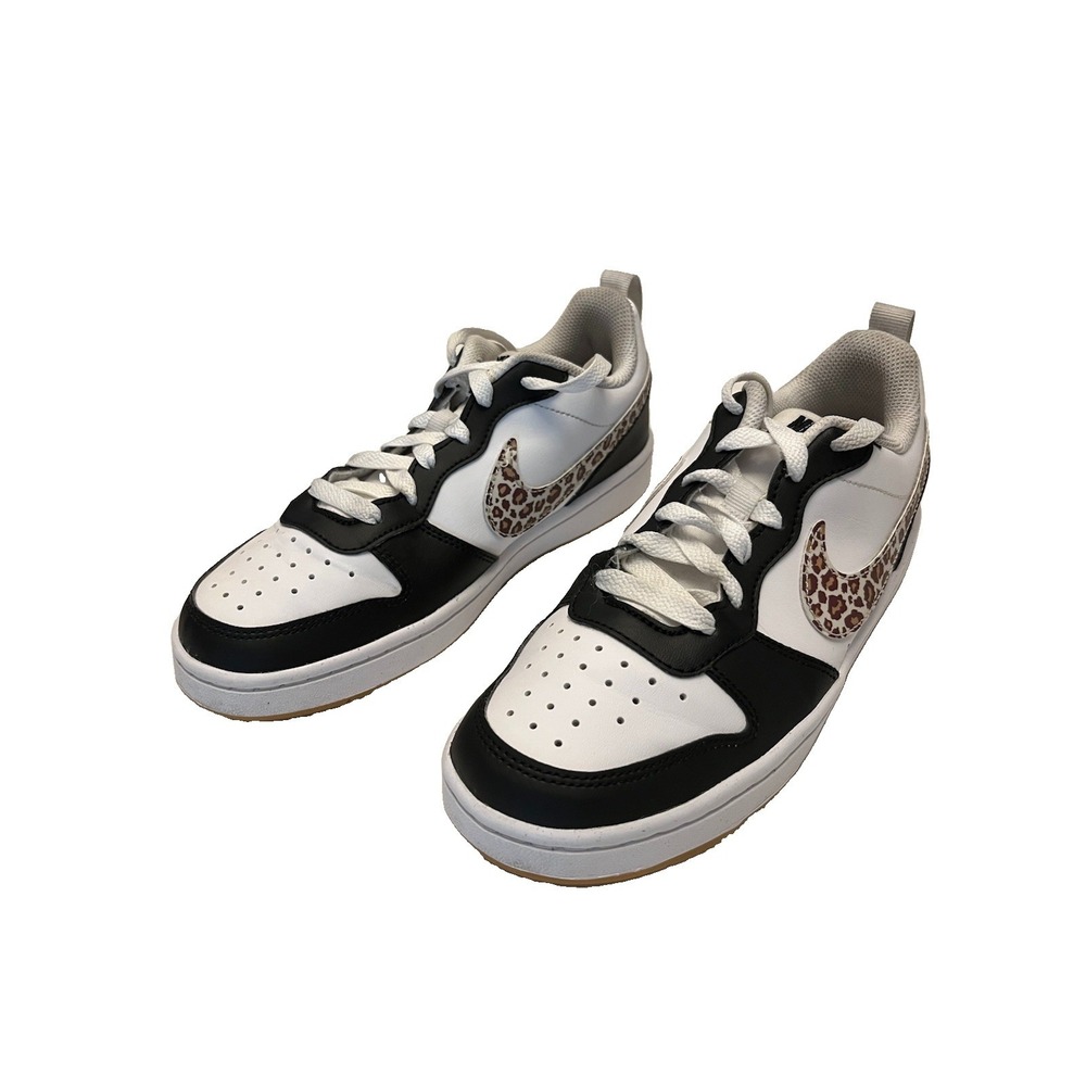 NIKE Court Borough Low Recraft Youth Blk/White/Leopard Print Swoosh Sz  4Y